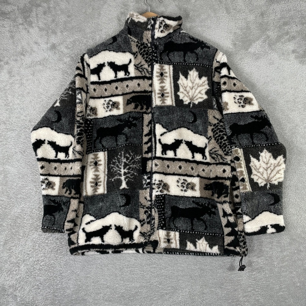 Black Mountain Outdoor Fleece Jacket Womens Small Grey Bear Wolf Moose Print